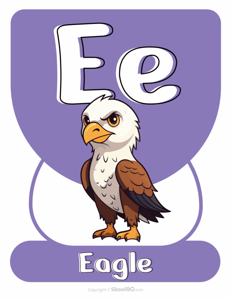 Printable Animal Alphabet Poster featuring the uppercase and lowercase letter E with an eagle illustration for classroom alphabet displays.