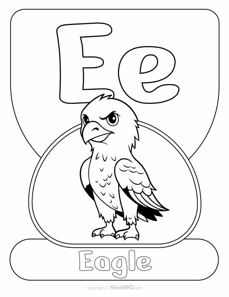 Printable Animal Alphabet Poster featuring the uppercase and lowercase letter E with an eagle illustration for classroom alphabet displays.