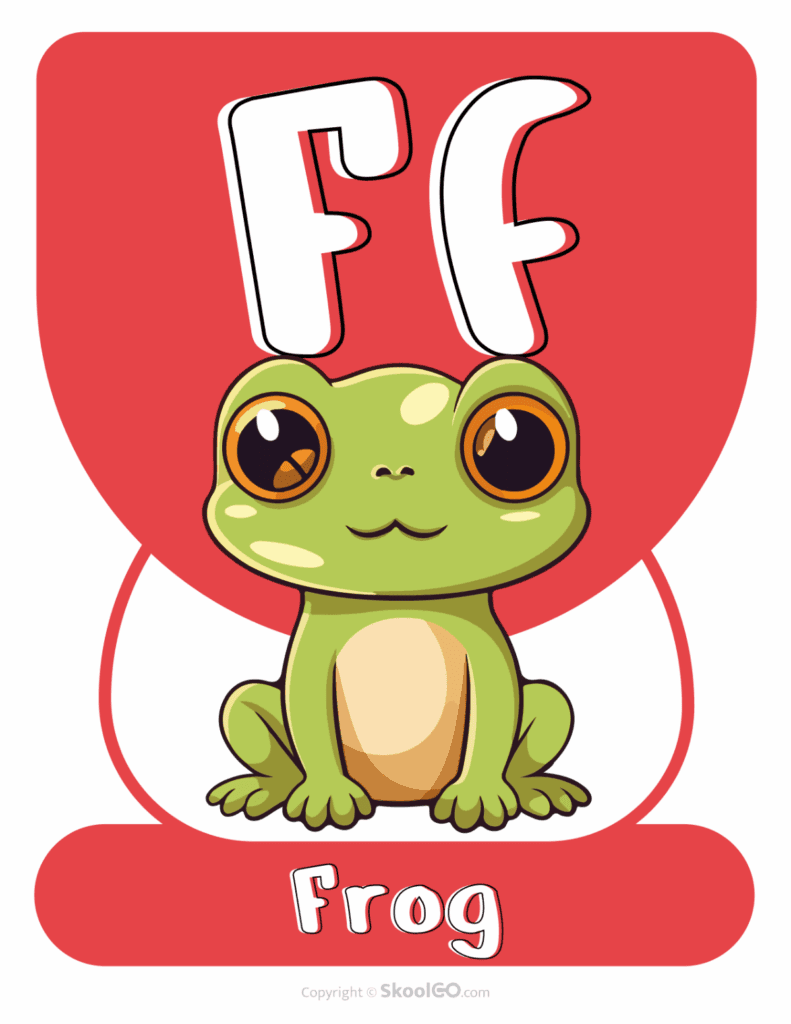 Printable Animal Alphabet Poster featuring the uppercase and lowercase letter F with a smiling frog illustration.