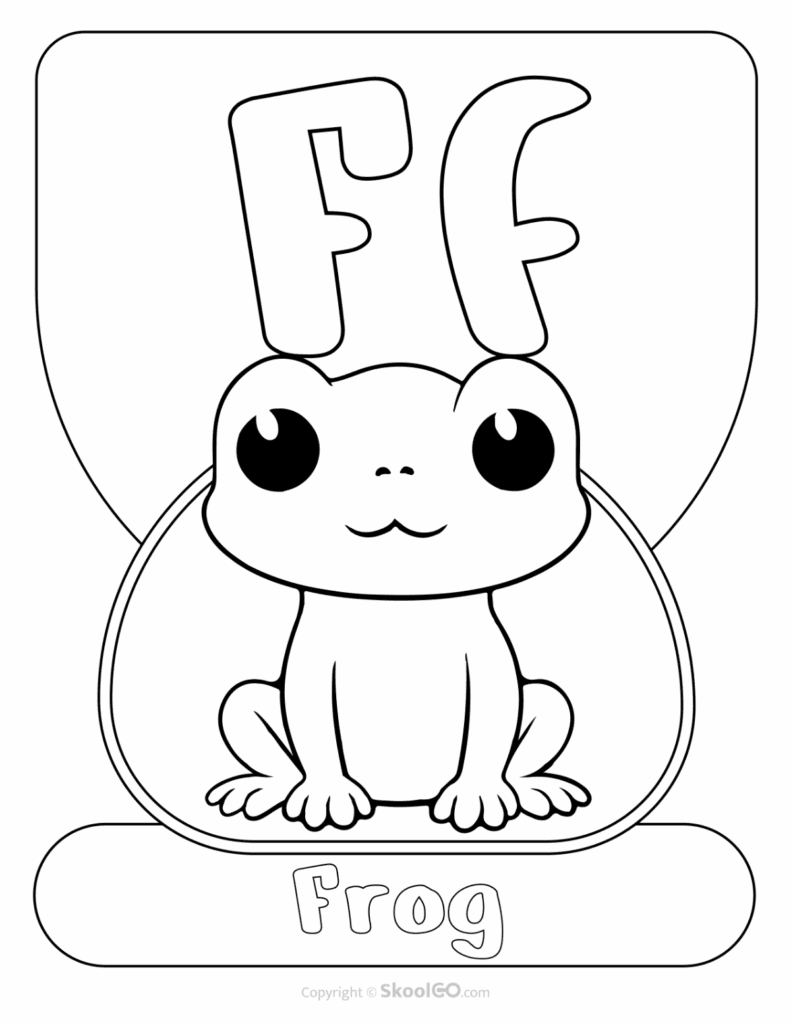 Printable Animal Alphabet Poster featuring the uppercase and lowercase letter F with a smiling frog illustration.