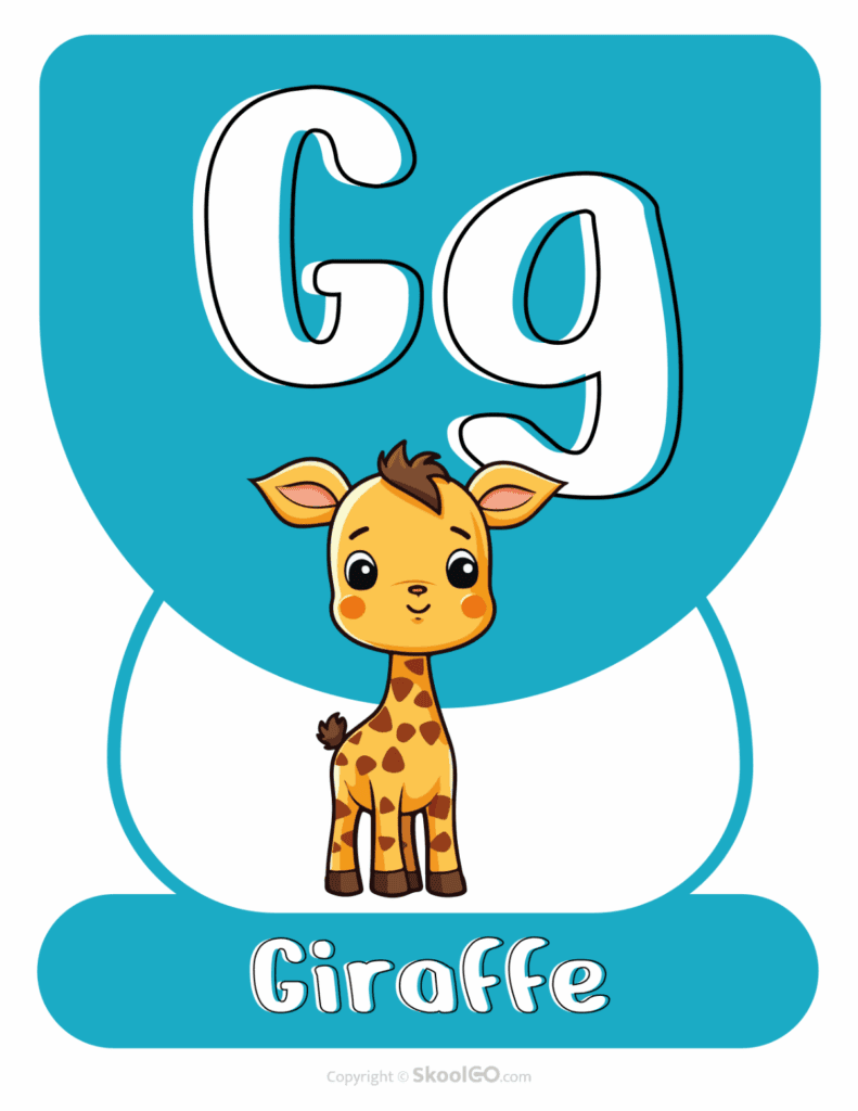 Printable Animal Alphabet Poster featuring the uppercase and lowercase letter G with a giraffe illustration for early literacy learning.