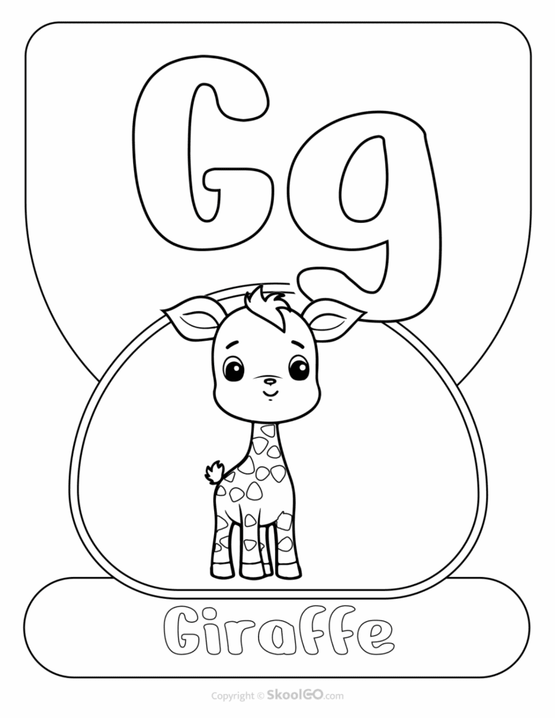 Printable Animal Alphabet Poster featuring the uppercase and lowercase letter G with a giraffe illustration for early literacy learning.
