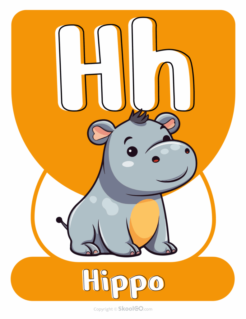 Printable Animal Alphabet Poster featuring the uppercase and lowercase letter H with a hippo illustration for alphabet learning.