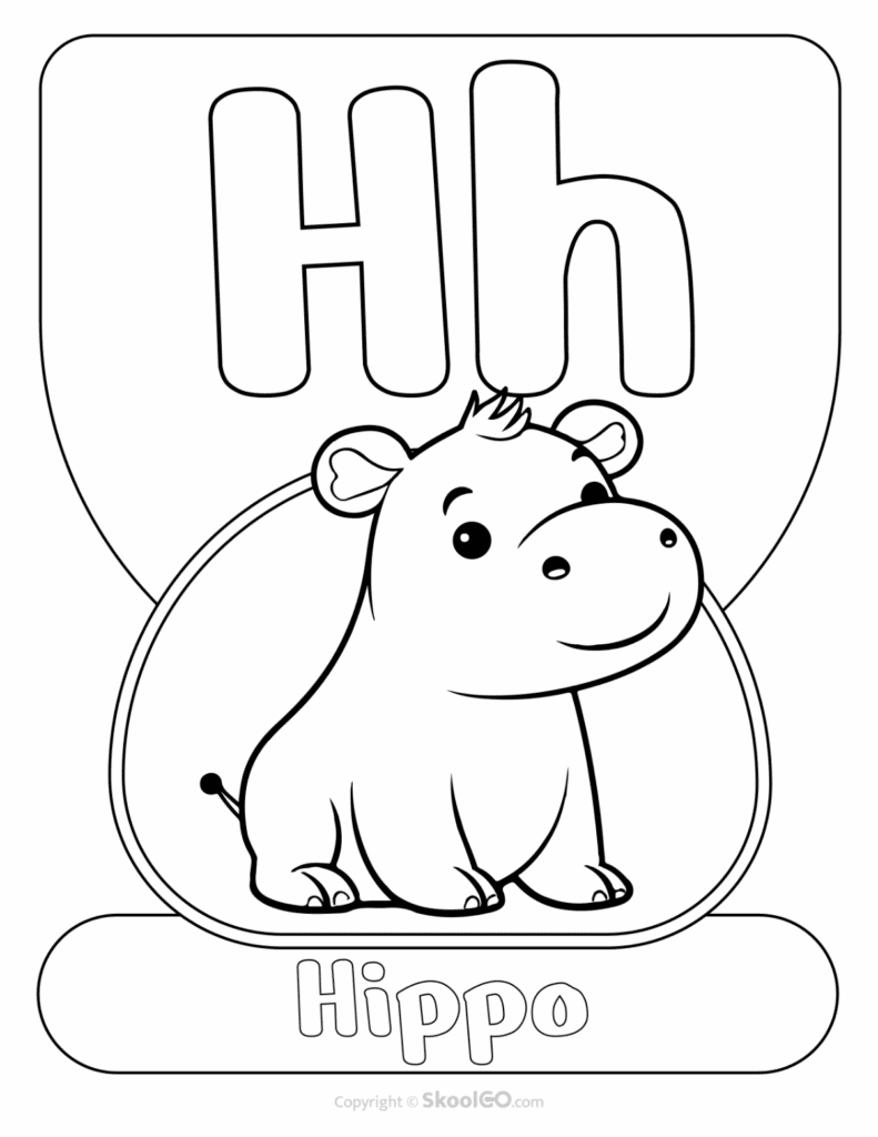 Printable Animal Alphabet Poster featuring the uppercase and lowercase letter H with a hippo illustration for alphabet learning.