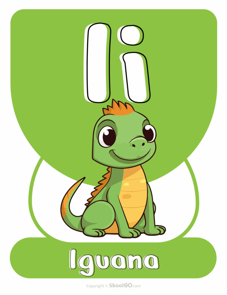 Printable Animal Alphabet Poster featuring the uppercase and lowercase letter I with an iguana illustration for preschool alphabet activities.