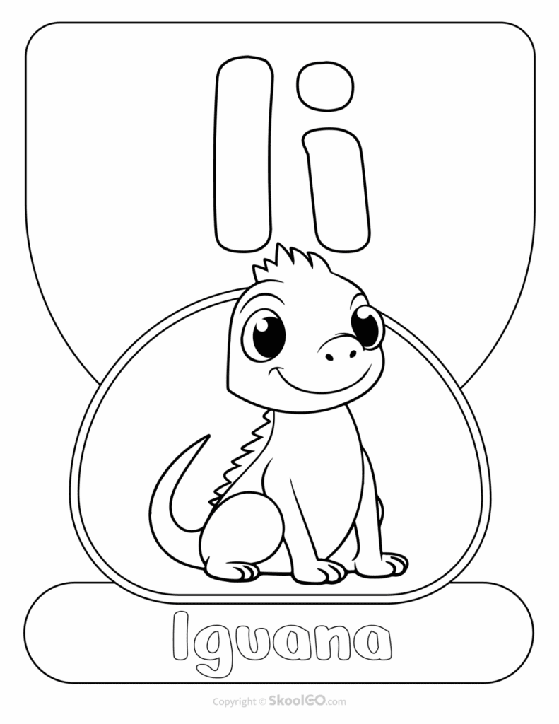 Printable Animal Alphabet Poster featuring the uppercase and lowercase letter I with an iguana illustration for preschool alphabet activities.