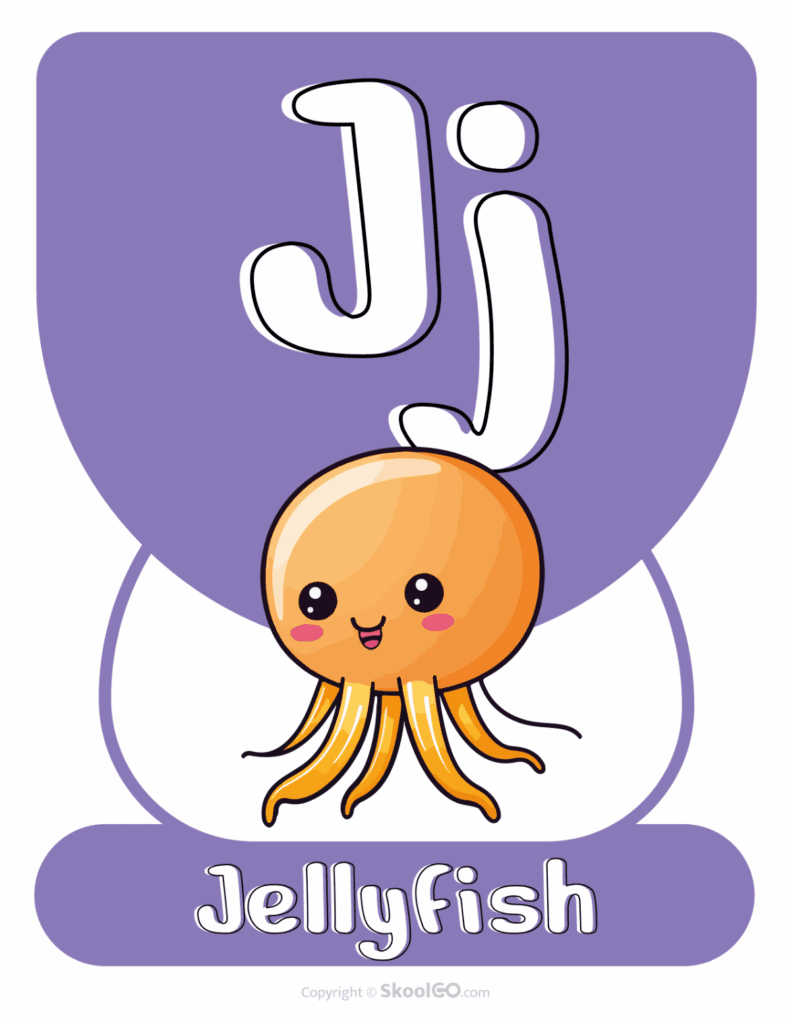 Printable Animal Alphabet Poster featuring the uppercase and lowercase letter J with a jellyfish illustration for early literacy classrooms.