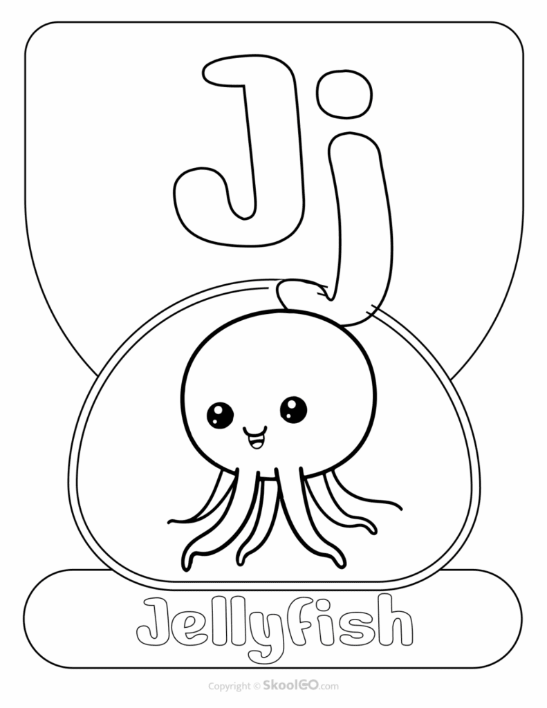 Printable Animal Alphabet Poster featuring the uppercase and lowercase letter J with a jellyfish illustration for early literacy classrooms.