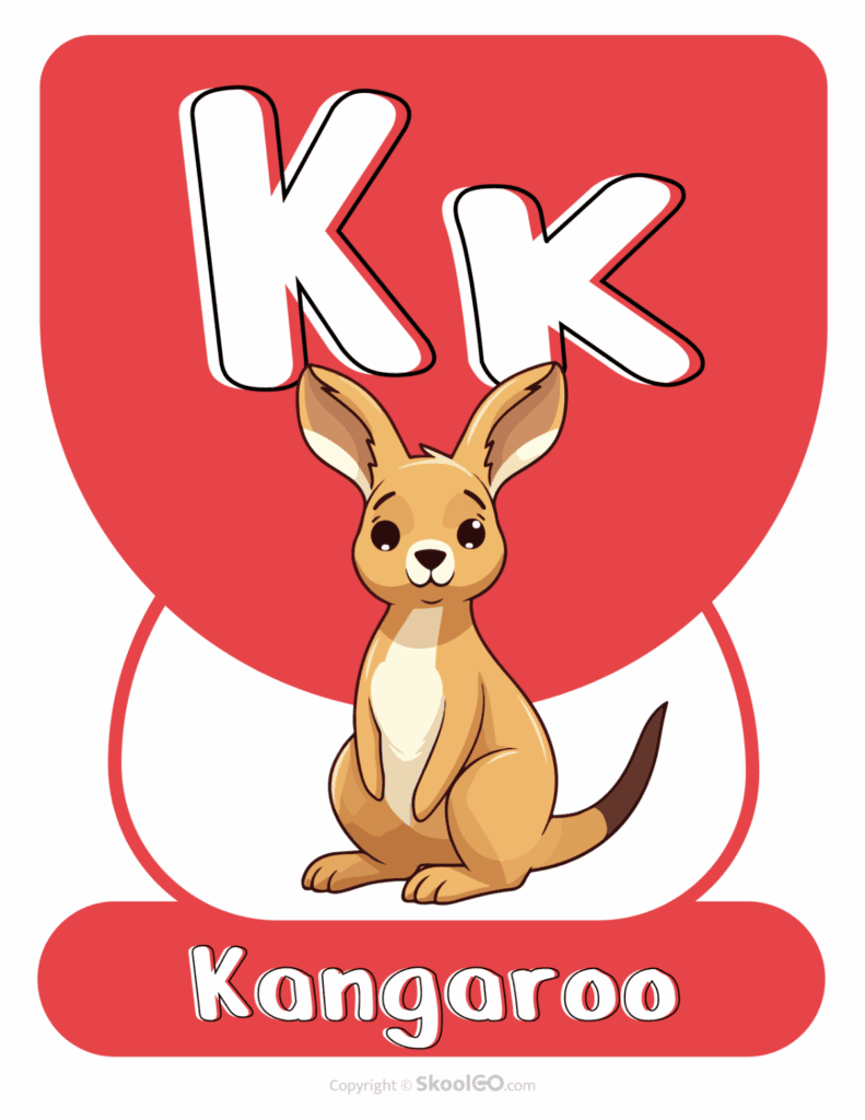 Printable Animal Alphabet Poster featuring the uppercase and lowercase letter K with a friendly kangaroo illustration for early literacy and classroom displays.