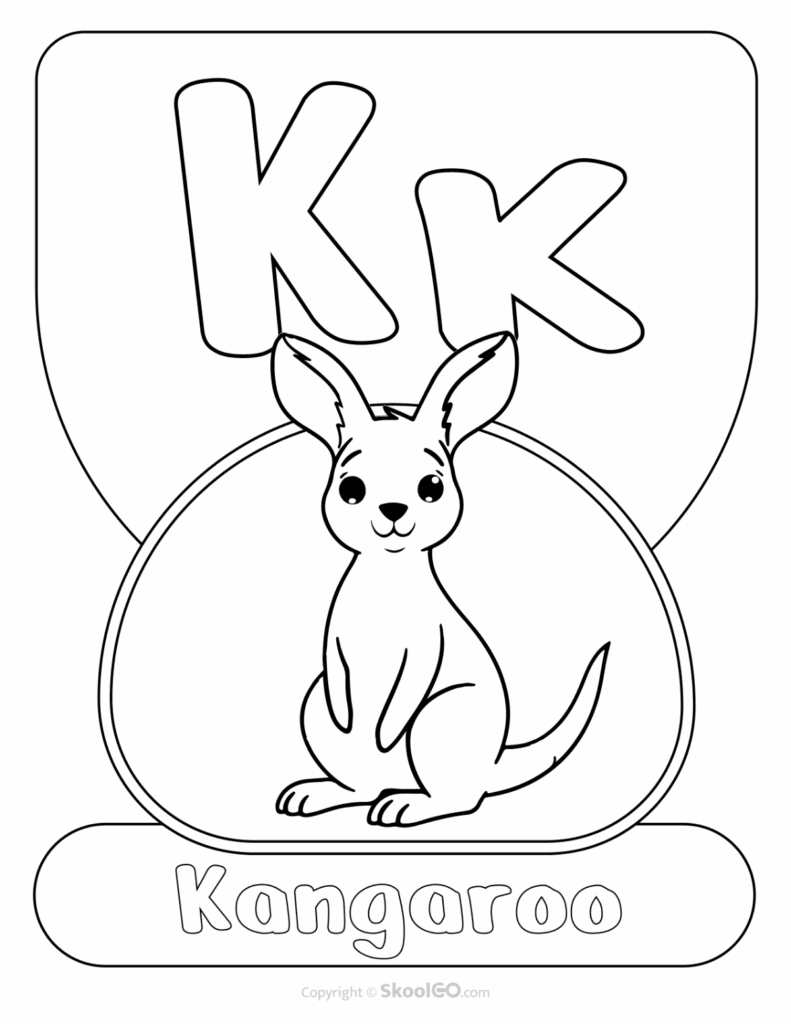 Printable Animal Alphabet Poster featuring the uppercase and lowercase letter K with a friendly kangaroo illustration for early literacy and classroom displays.