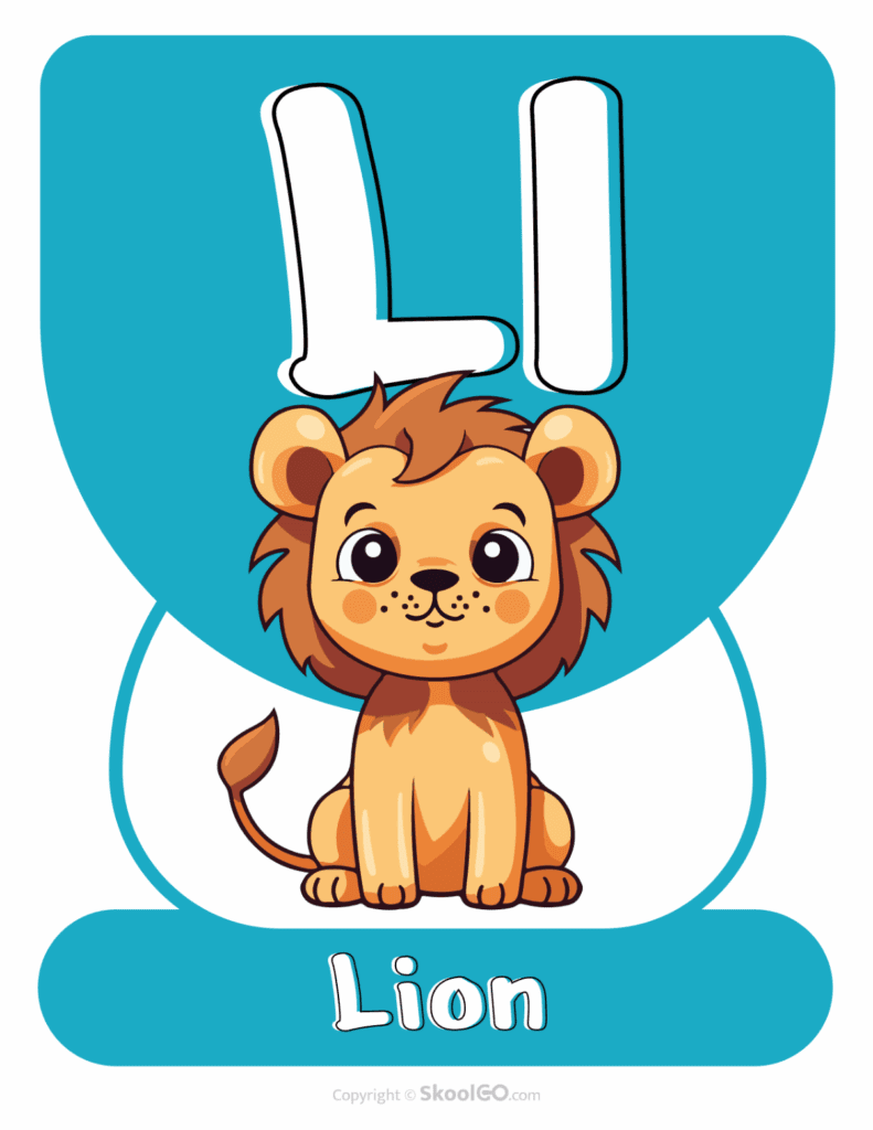 Printable Animal Alphabet Poster featuring the uppercase and lowercase letter L with a cute lion illustration for early learning.