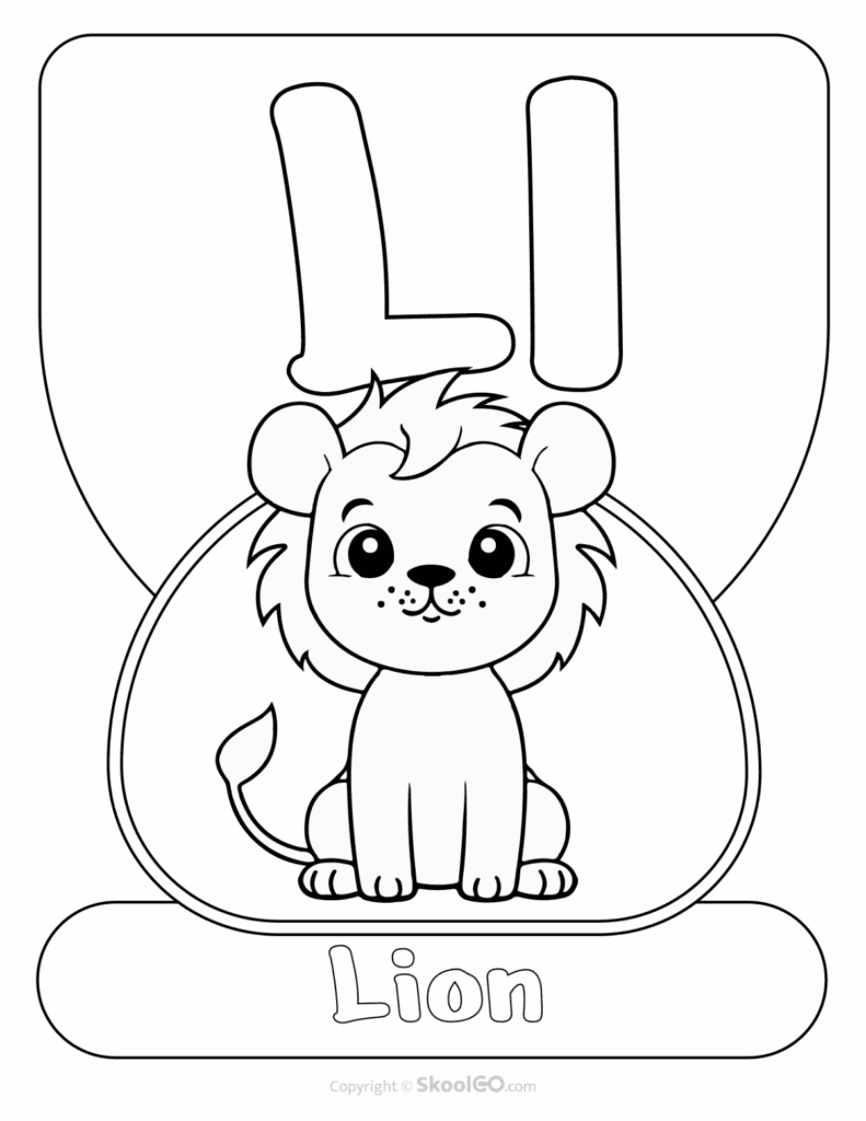 Printable Animal Alphabet Poster featuring the uppercase and lowercase letter L with a cute lion illustration for early learning.