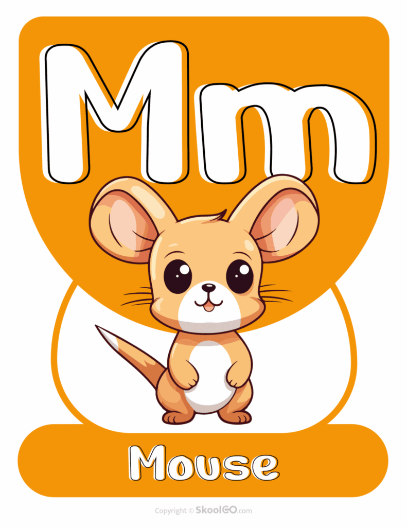 Printable Animal Alphabet Poster featuring the uppercase and lowercase letter M with a mouse illustration for alphabet learning.