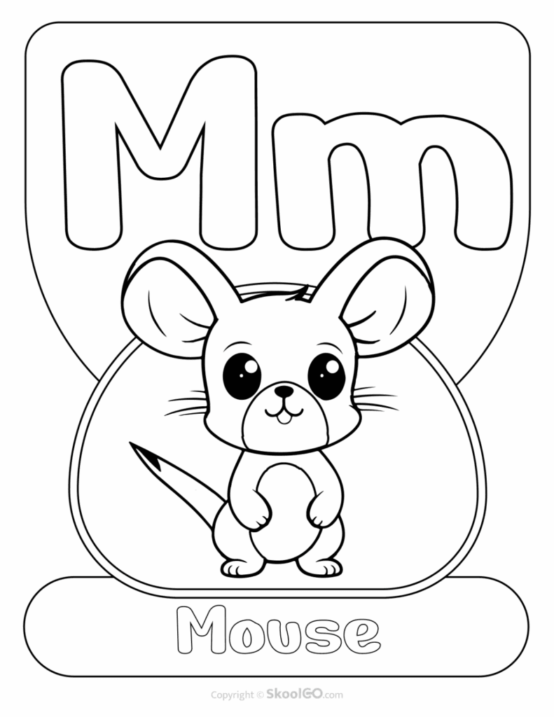 Printable Animal Alphabet Poster featuring the uppercase and lowercase letter M with a mouse illustration for alphabet learning.