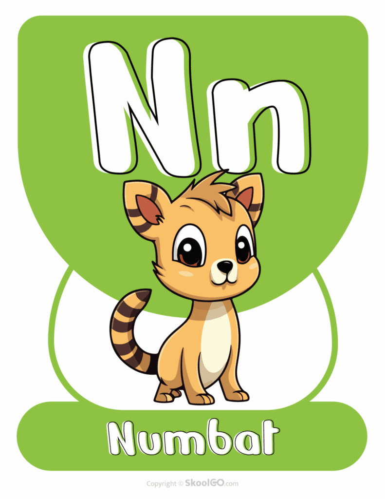 Printable Animal Alphabet Poster featuring the uppercase and lowercase letter N with a numbat illustration for preschool alphabet activities.