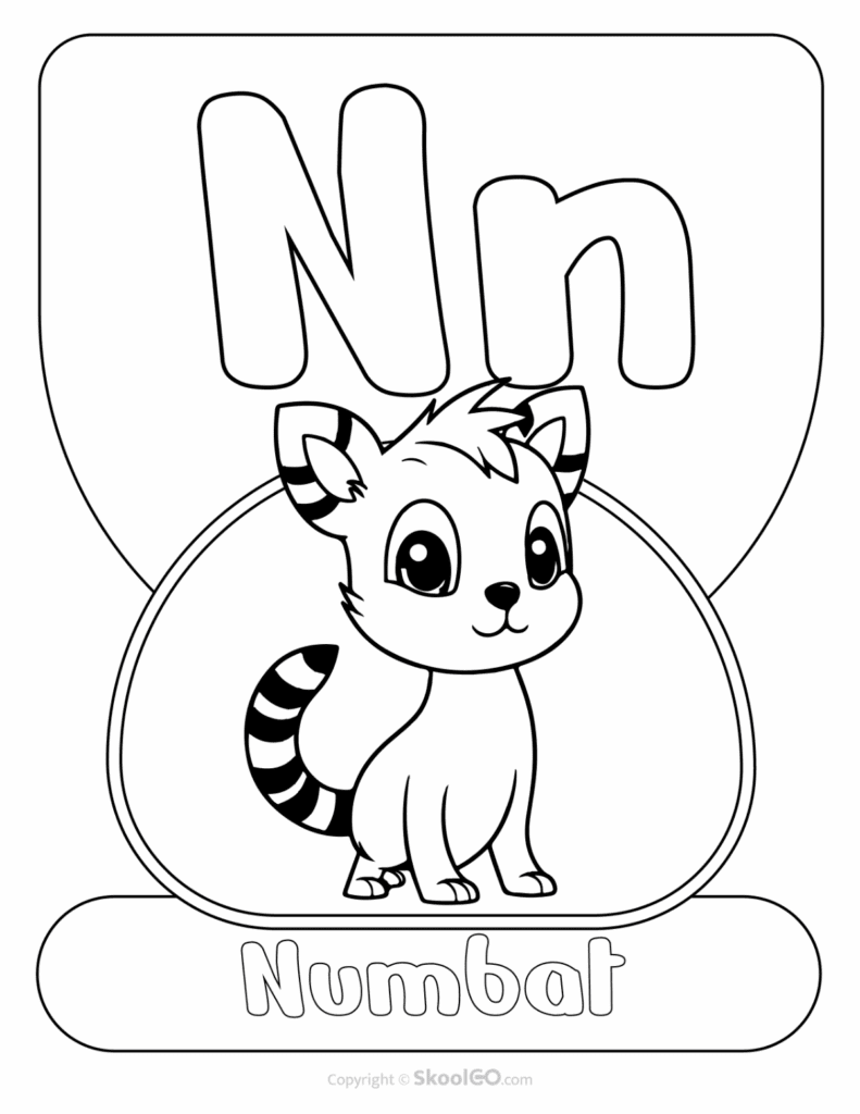Printable Animal Alphabet Poster featuring the uppercase and lowercase letter N with a numbat illustration for preschool alphabet activities.