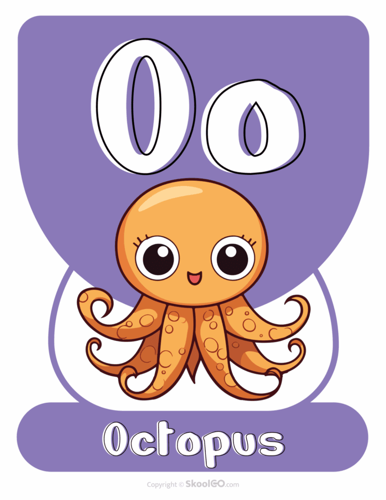 Printable Animal Alphabet Poster featuring the uppercase and lowercase letter O with an octopus illustration for classroom alphabet displays.