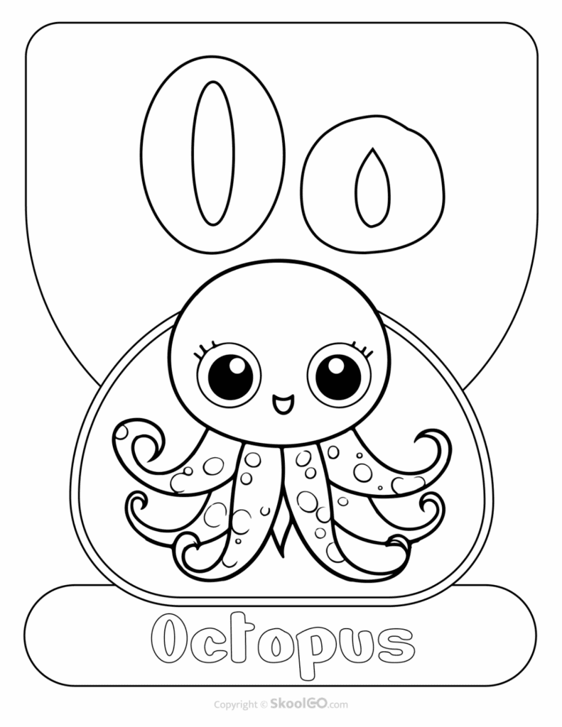 Printable Animal Alphabet Poster featuring the uppercase and lowercase letter O with an octopus illustration for classroom alphabet displays.