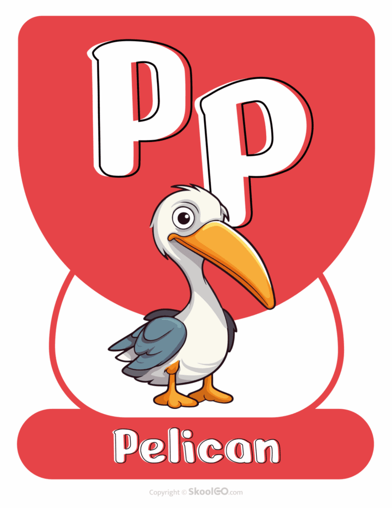 Printable Animal Alphabet Poster featuring the uppercase and lowercase letter P with a pelican illustration for alphabet learning.