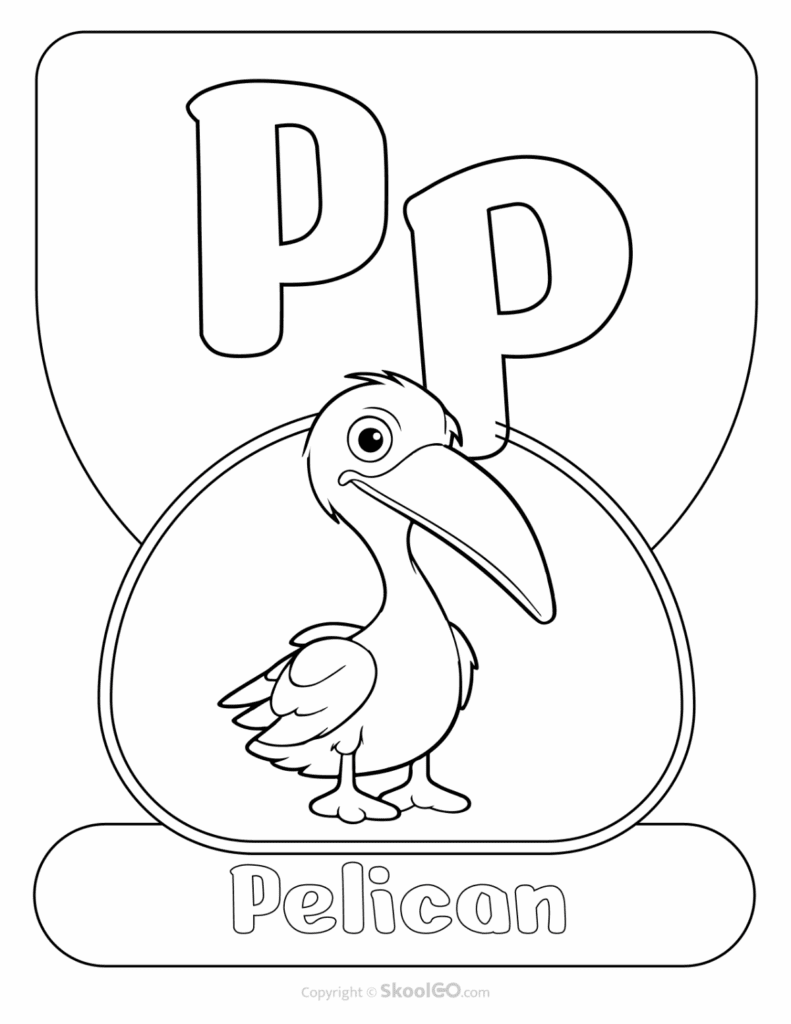 Printable Animal Alphabet Poster featuring the uppercase and lowercase letter P with a pelican illustration for alphabet learning.