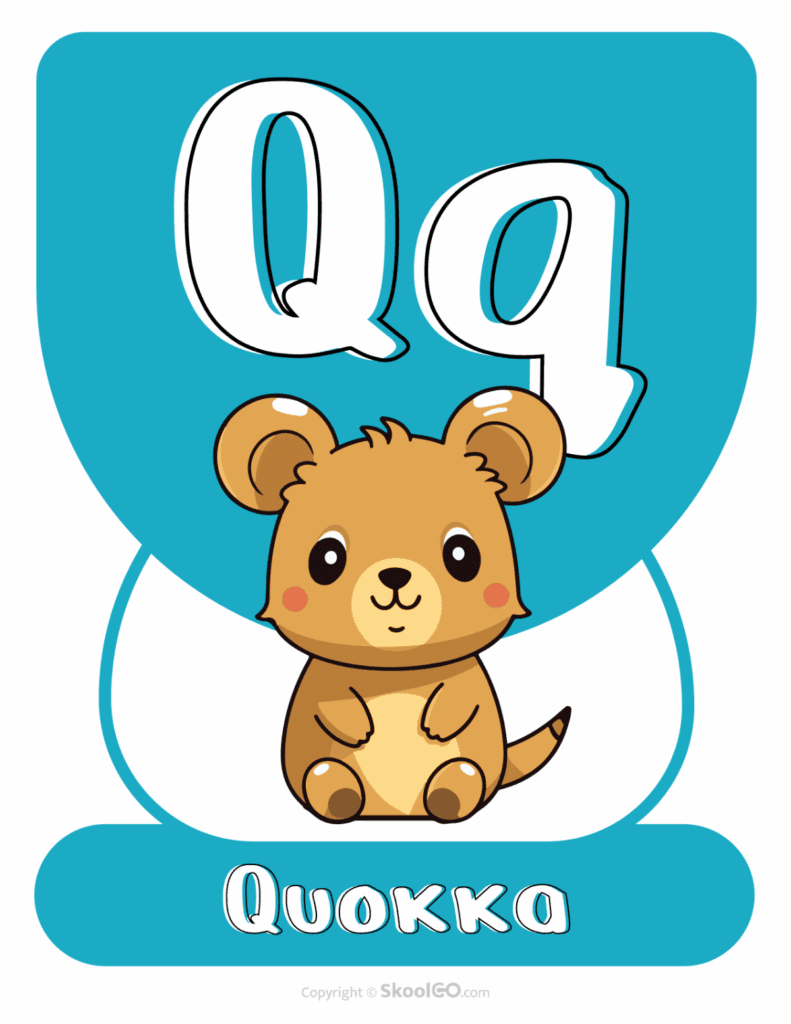 Printable Animal Alphabet Poster featuring the uppercase and lowercase letter Q with a quokka illustration for early literacy learning.