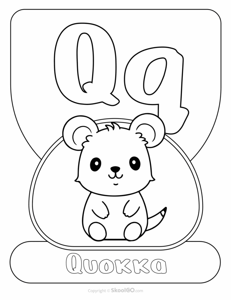 Printable Animal Alphabet Poster featuring the uppercase and lowercase letter Q with a quokka illustration for early literacy learning.