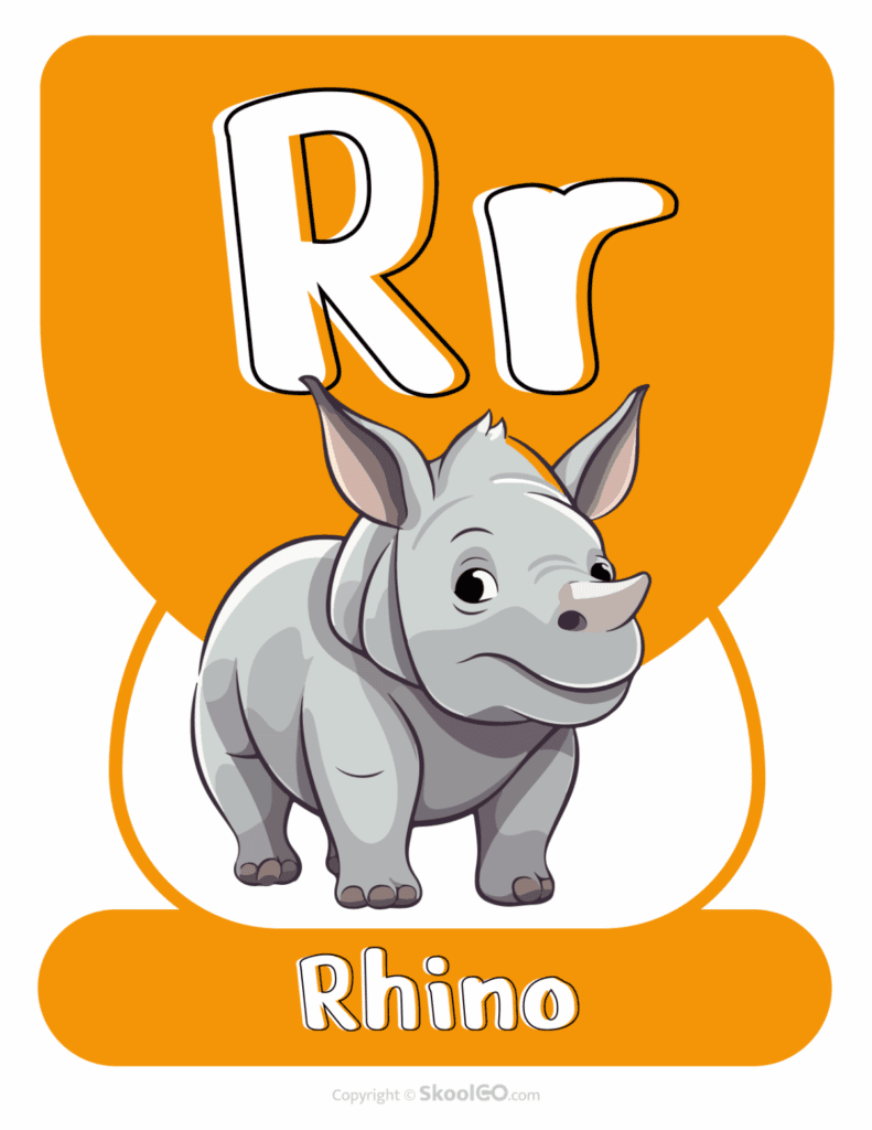 Printable Animal Alphabet Poster featuring the uppercase and lowercase letter R with a rhino illustration for alphabet learning.