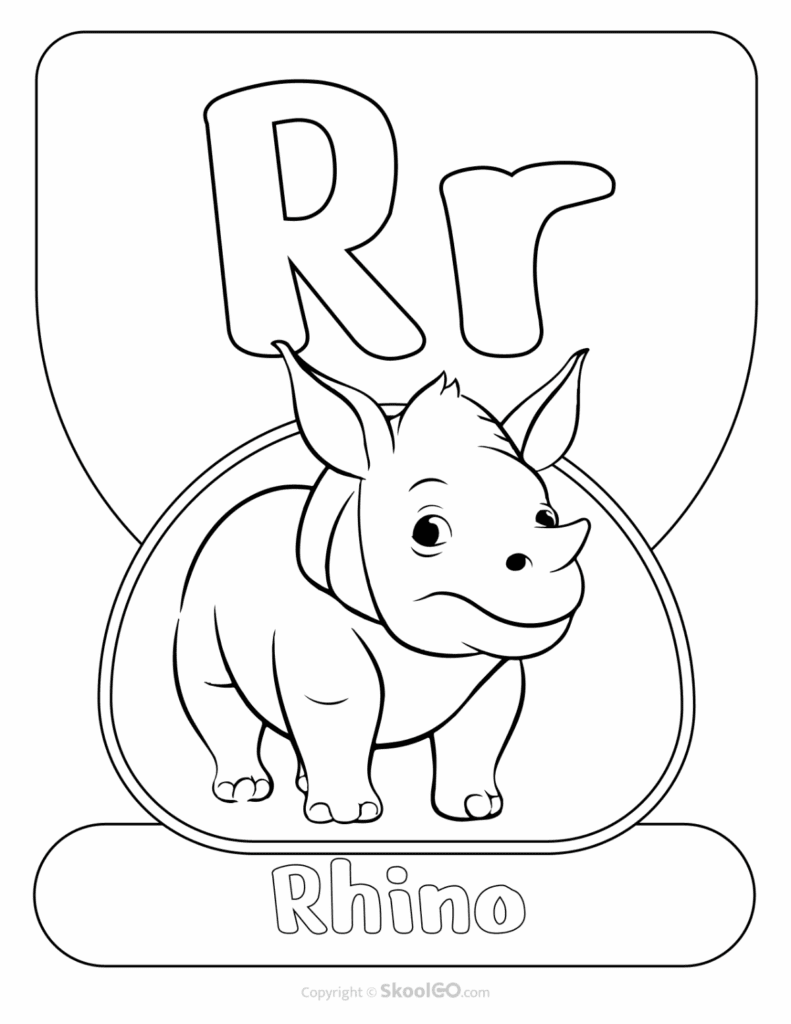 Printable Animal Alphabet Poster featuring the uppercase and lowercase letter R with a rhino illustration for alphabet learning.
