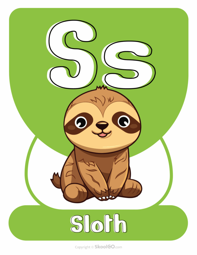 Printable Animal Alphabet Poster featuring the uppercase and lowercase letter S with a sloth illustration for preschool alphabet activities.
