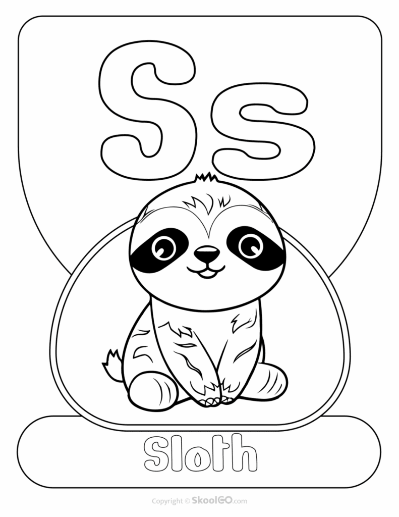 Printable Animal Alphabet Poster featuring the uppercase and lowercase letter S with a sloth illustration for preschool alphabet activities.