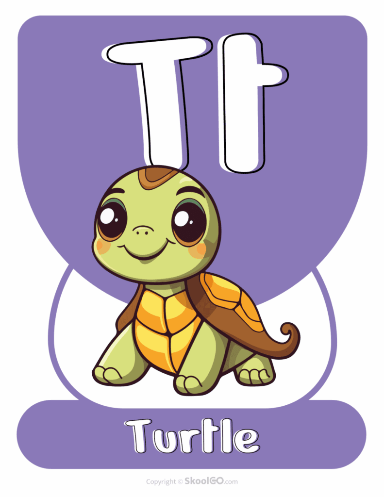 Printable Animal Alphabet Poster featuring the uppercase and lowercase letter T with a turtle illustration for early literacy classrooms.