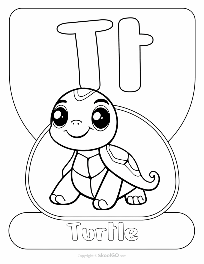 Printable Animal Alphabet Poster featuring the uppercase and lowercase letter T with a turtle illustration for early literacy classrooms.