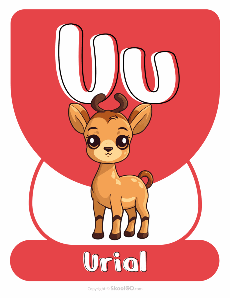 Printable Animal Alphabet Poster featuring the uppercase and lowercase letter U with a friendly urial illustration for preschool alphabet learning.