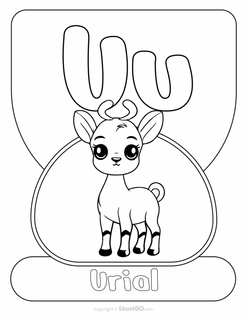 Printable Animal Alphabet Poster featuring the uppercase and lowercase letter U with a friendly urial illustration for preschool alphabet learning.