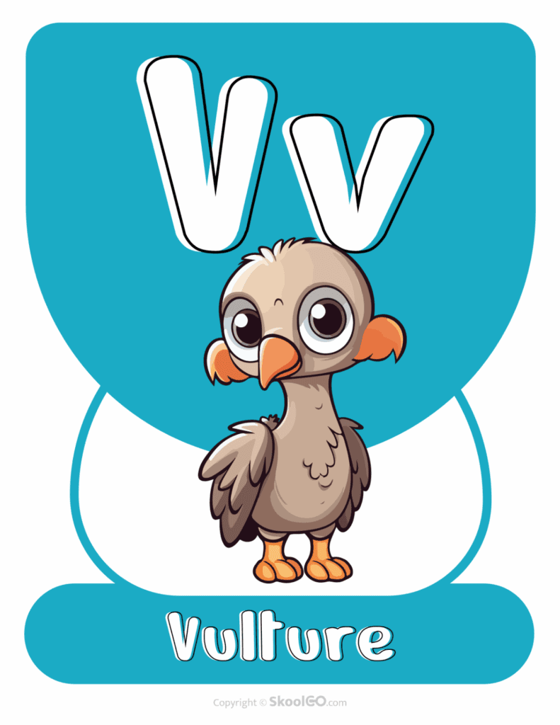 Printable Animal Alphabet Poster featuring the uppercase and lowercase letter V with a cute vulture illustration for early literacy learning.