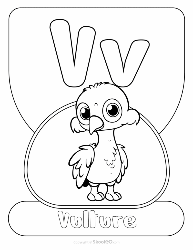 Printable Animal Alphabet Poster featuring the uppercase and lowercase letter V with a cute vulture illustration for early literacy learning.