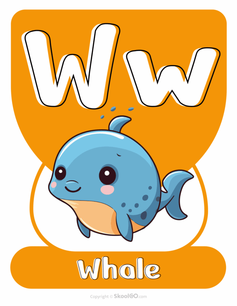 Printable Animal Alphabet Poster featuring the uppercase and lowercase letter W with a smiling whale illustration for preschool alphabet activities.