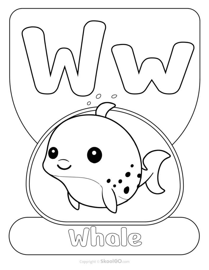 Printable Animal Alphabet Poster featuring the uppercase and lowercase letter W with a smiling whale illustration for preschool alphabet activities.