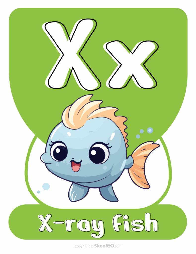 Printable Animal Alphabet Poster featuring the uppercase and lowercase letter X with a colorful X-ray fish illustration for alphabet learning.