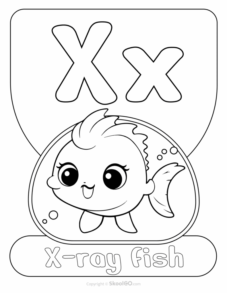 Printable Animal Alphabet Poster featuring the uppercase and lowercase letter X with a colorful X-ray fish illustration for alphabet learning.