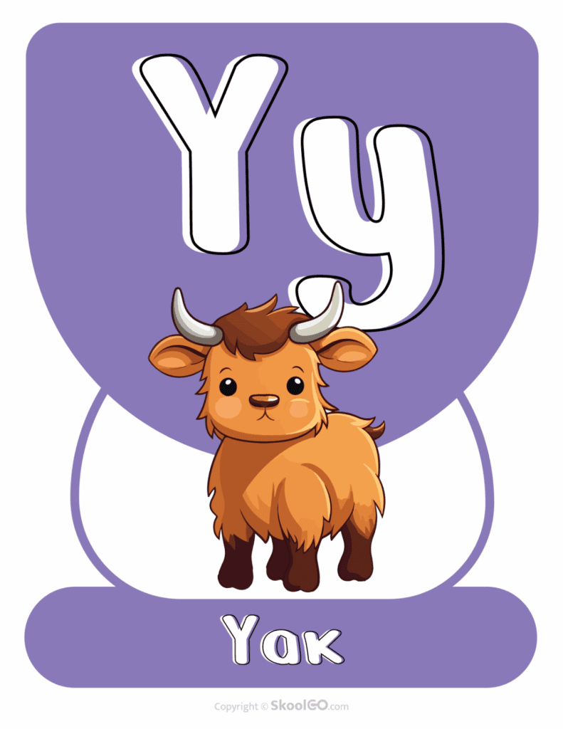 Printable Animal Alphabet Poster featuring the uppercase and lowercase letter Y with a cute yak illustration for early literacy classrooms.
