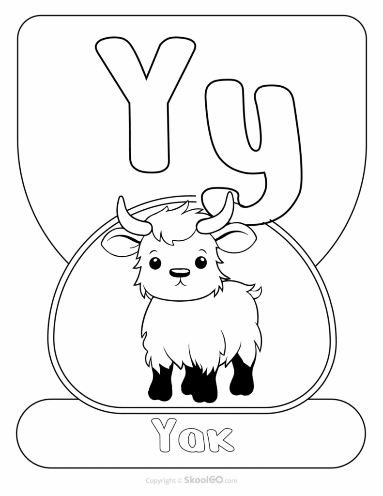 Printable Animal Alphabet Poster featuring the uppercase and lowercase letter Y with a cute yak illustration for early literacy classrooms.