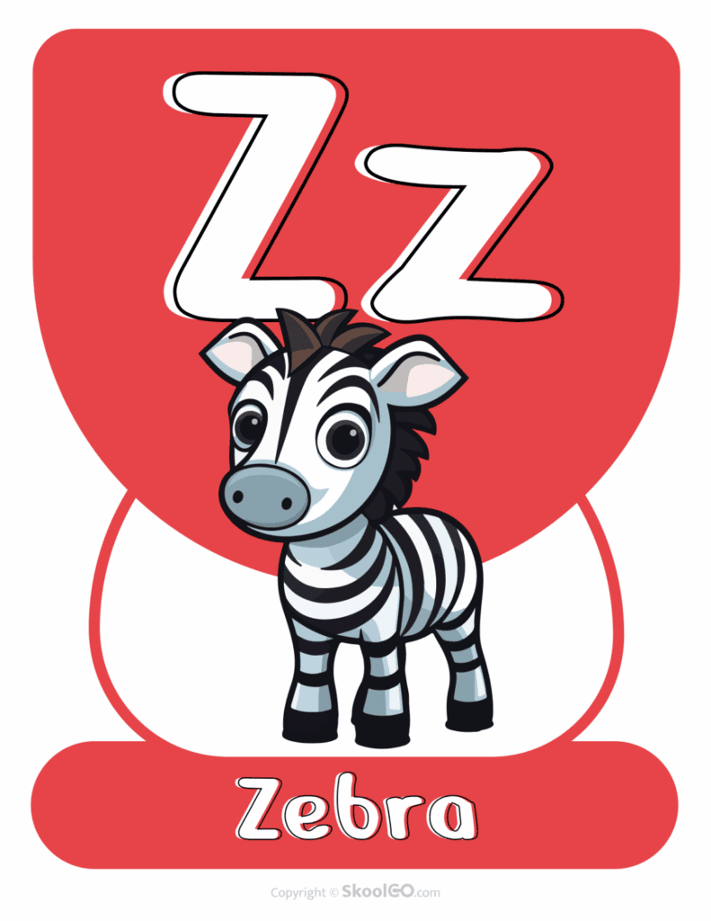 Printable Animal Alphabet Poster featuring the uppercase and lowercase letter Z with a zebra illustration for preschool alphabet learning.