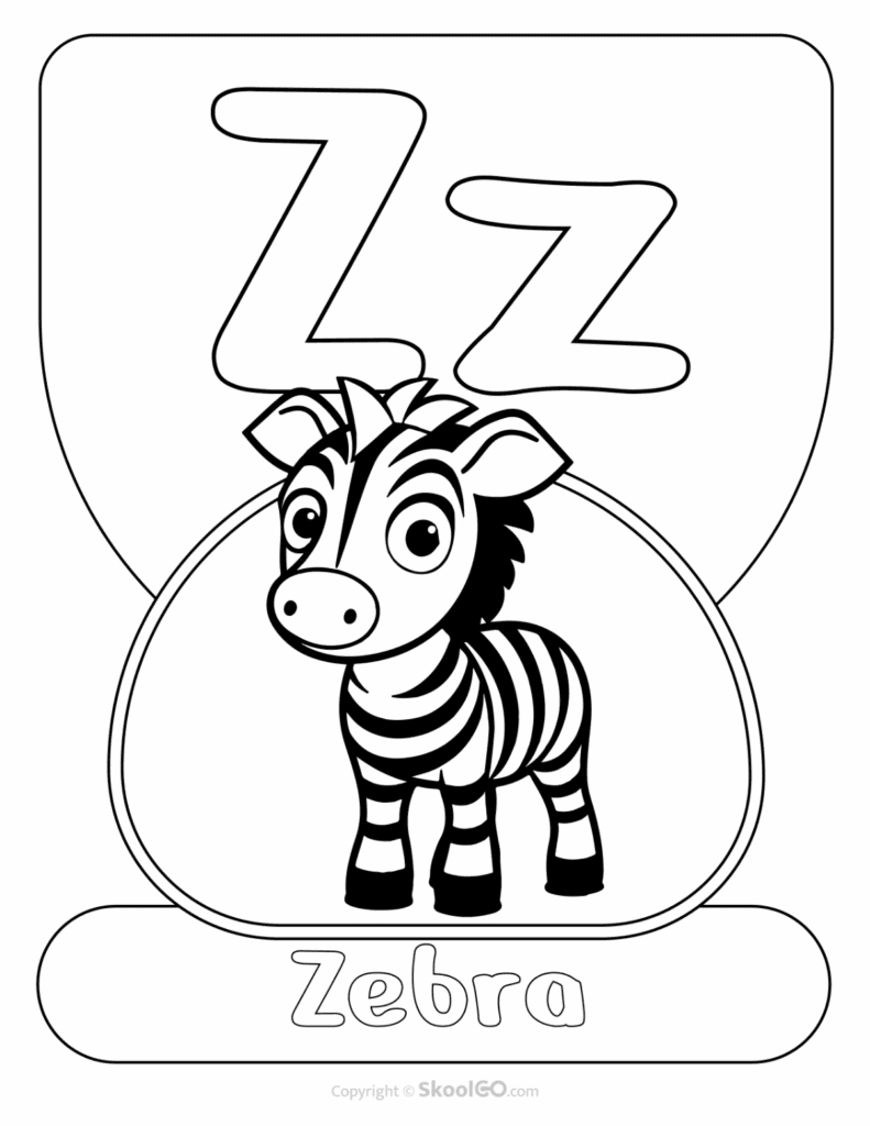 Printable Animal Alphabet Poster featuring the uppercase and lowercase letter Z with a zebra illustration for preschool alphabet learning.