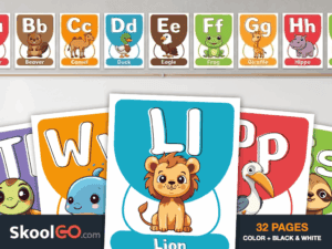 Free printable Animal Alphabet Posters featuring A–Z letters with colorful animal illustrations for classroom and homeschool use.