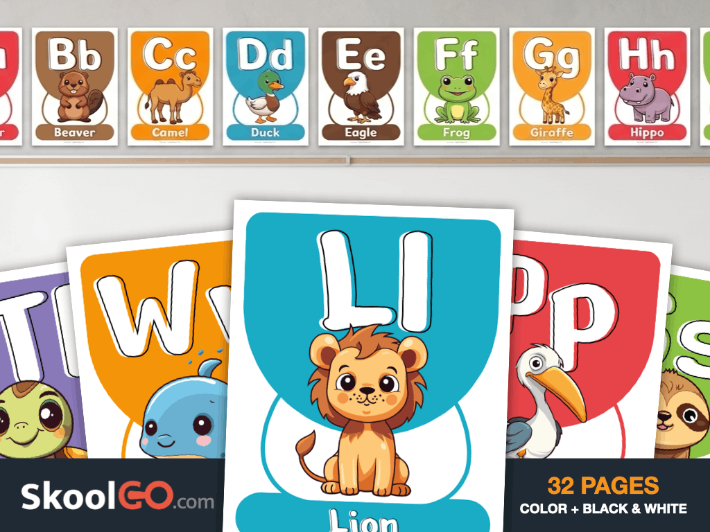 Free printable Animal Alphabet Posters featuring A–Z letters with colorful animal illustrations for classroom and homeschool use.