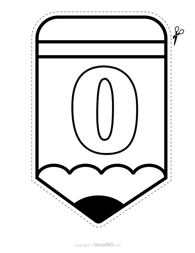 Back to School Pencil Alphabet Banner Number 0 Black and White Printable pencil alphabet bulletin banner Number 0 in black and white