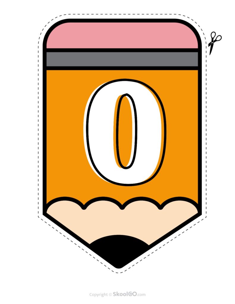 Back to School Pencil Alphabet Banner Number 0 Printable pencil alphabet bulletin banner number 0 in full color