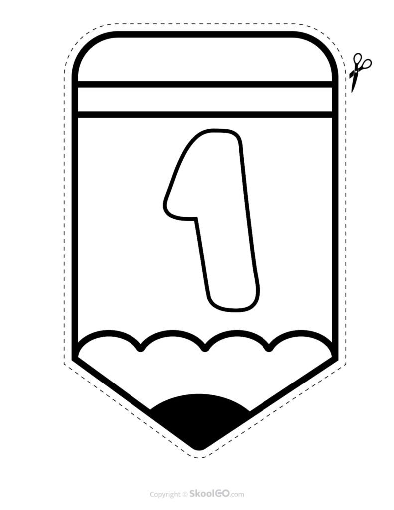 Back to School Pencil Alphabet Banner Number 1 Black and White Printable pencil alphabet bulletin banner Number 1 in black and white