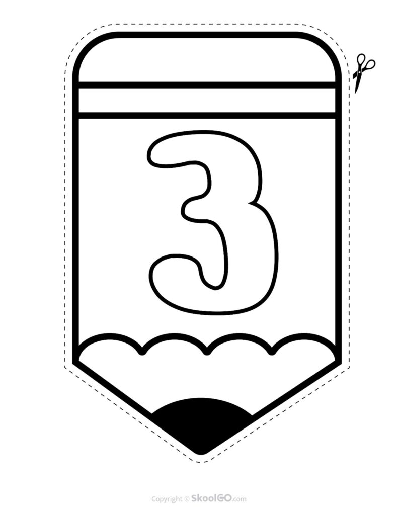 Back to School Pencil Alphabet Banner Number 3 Black and White Printable pencil alphabet bulletin banner Number 3 in black and white